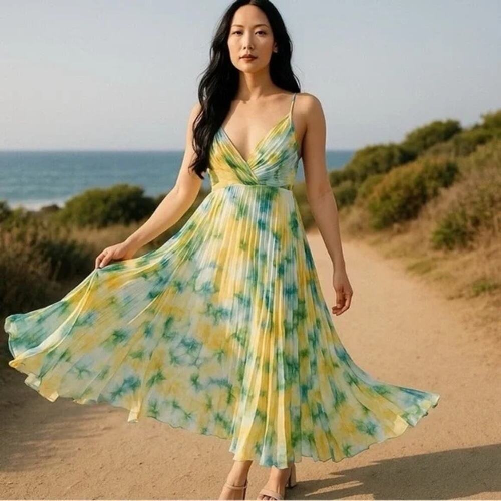 Misa LA Yellow Green Watercolor Floral Galeta Pleated Sheer Galeta Dress, Large‎